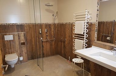 Bathroom with shower, WC, hairdryer, towels and bathrobe